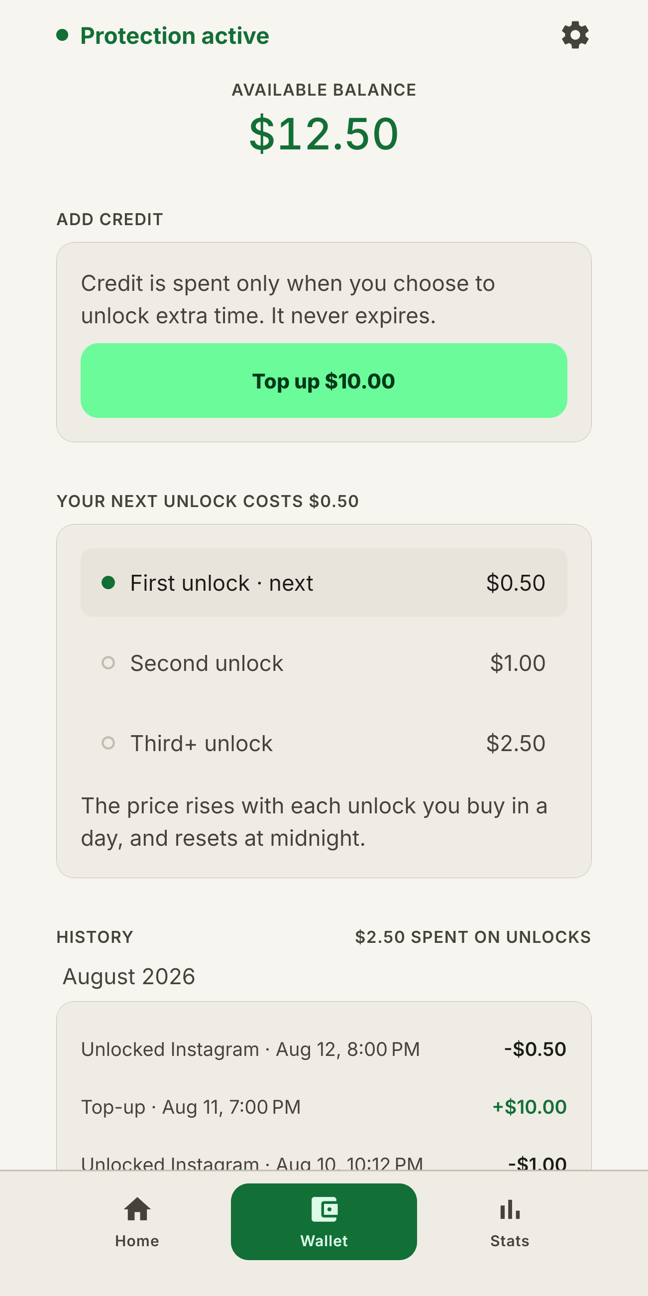 The Last Ferry wallet screen. Available balance $12.50, an Add credit card with Top up $10.00, the ladder — First unlock next $0.50, Second unlock $1.00, Third+ unlock $2.50 — and the history of unlocks and top-ups.